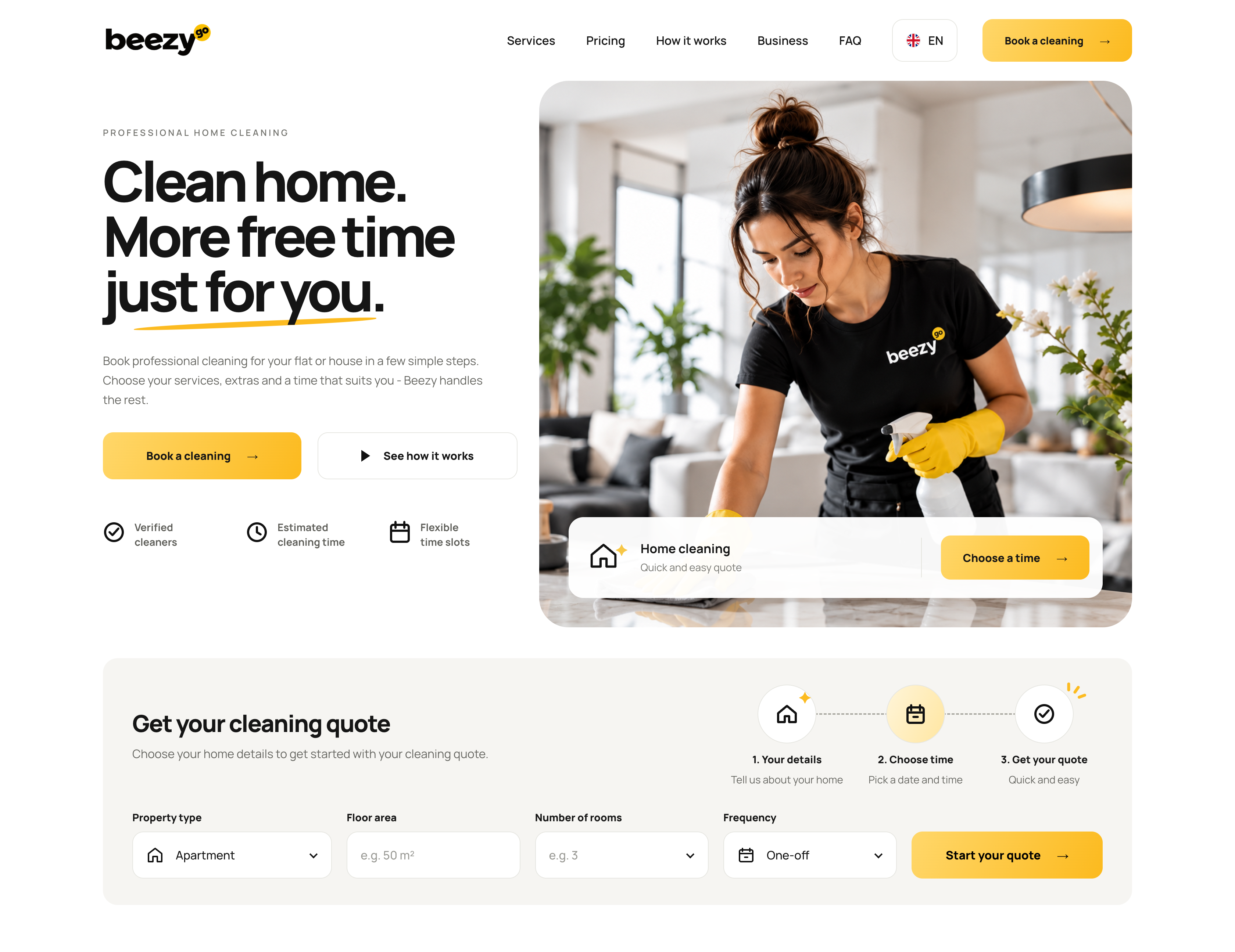 Projekt strony Beezy — usługi sprzątania i rezerwacja online