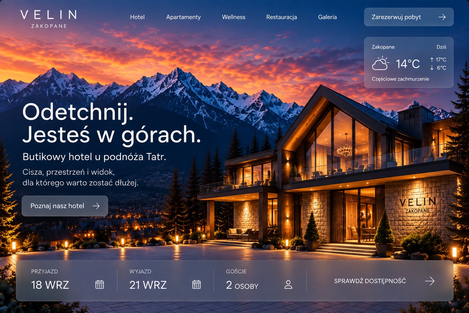 Projekt strony VELIN dla luksusowego hotelu górskiego w Zakopanem